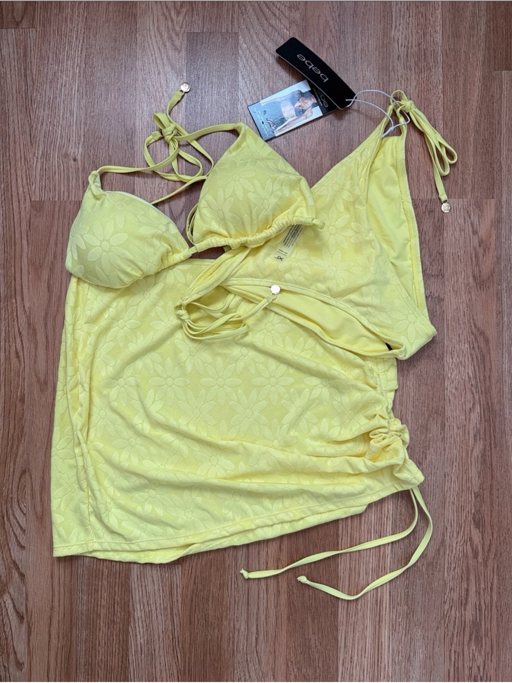 bebe 3 Piece Yellow Floral Bikini Top/Bottom With Matching Cover-Up Skirt